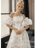Floral Print Organza Wedding Dress With Removable Puff Sleeves